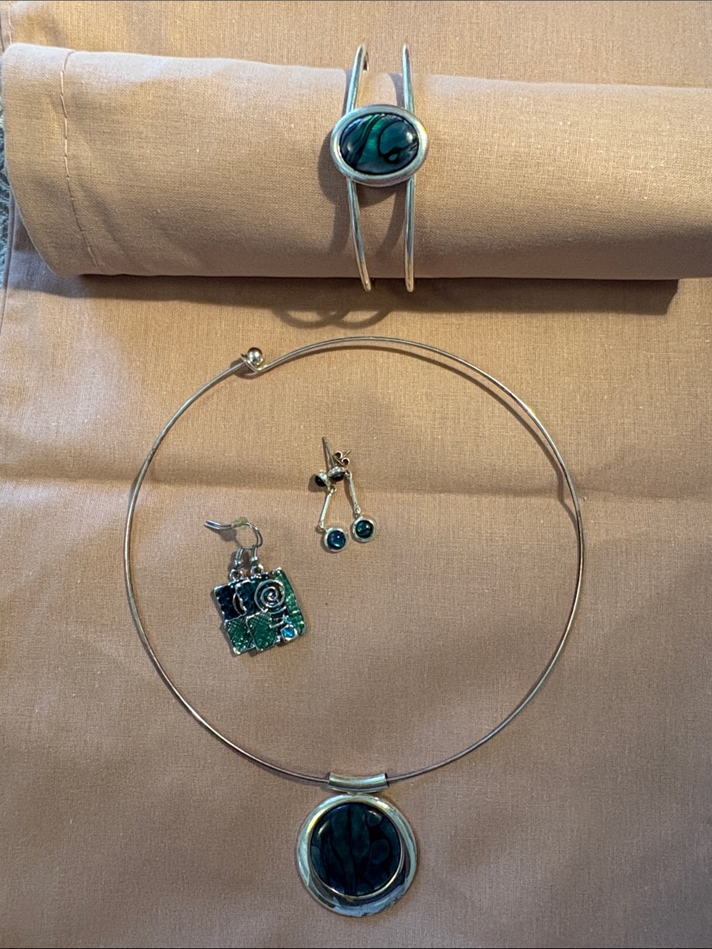Turquoise and Silver Pendant Necklace with Matching Earrings and Cuff